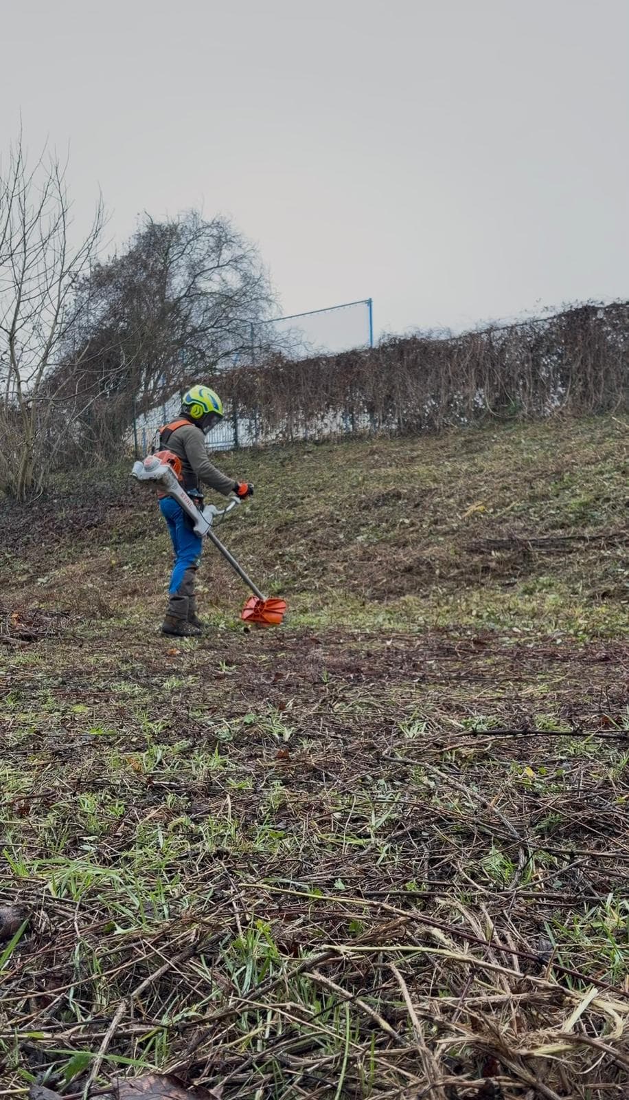 Débroussaillage d'un talus envahi par les herbes avec débroussailleuse professionnelle